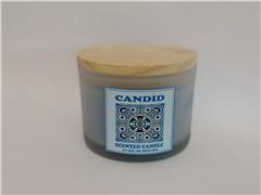 China Home decor candle,large scented glass blue candle with 3 wick and unique design label & wooden lid on sale