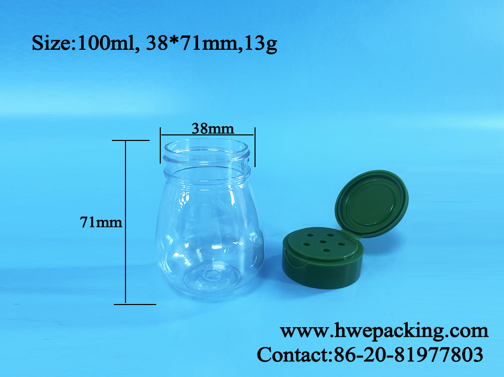Small Salt Pepper Round PET Empty Plastic Spice Jar 100ml Flip Top Lids 6 Holes