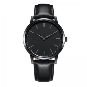 China PVD Black Plated Luxury Mens Quartz Watch Black Leather Waterproof Watch on sale