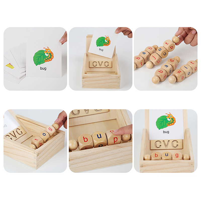 Montessori Wooden Reading Blocks Rotating Letter Spinning Alphabet Learning