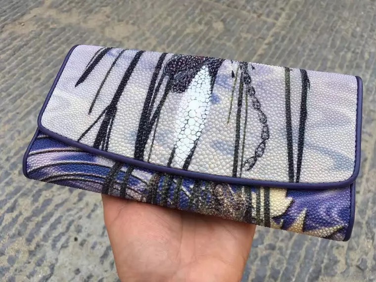 Authentic Stingray Skin Female Long Flower Trifold Wallet Genuine Leather Lady Large Clutch Bag Women Floral Coin Purse