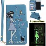 Luminous 3D Girl pattern PU iPhone Case with Cash Slots Stand Wristlet Strap for