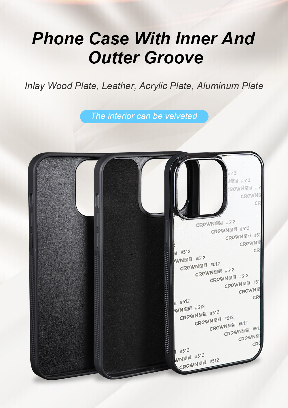 Back 1mm Depth Groove Phone Case With Inlay Leather Wooden Pc Acrylic Plate Material