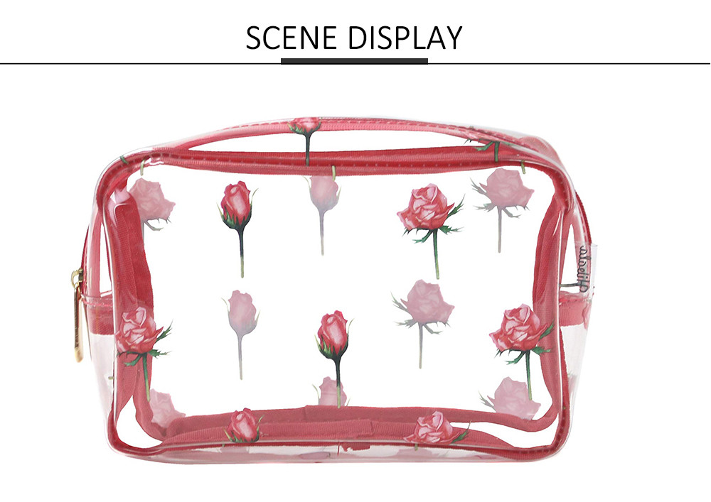 Zippered Rose Pattern Transparent PVC Toiletry Bag For Travel