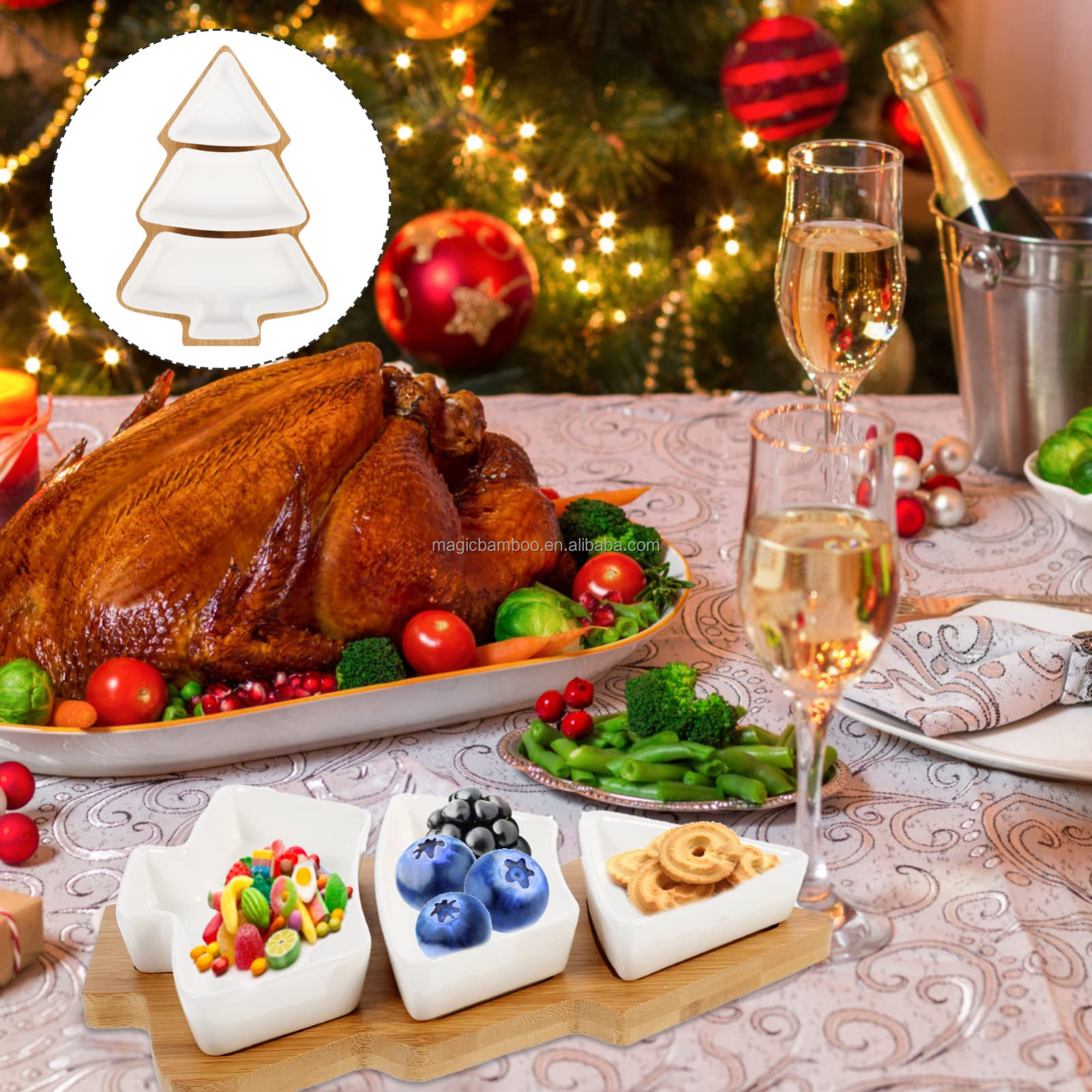 Festive Bamboo Table Tray with Three Removable Ceramic Dishes and Christmas Tree Shape