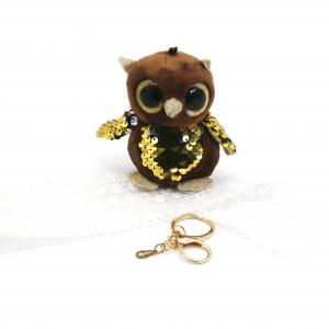 China 3D Plush Doll Key Chain Brown Embroidered Owl 10cm Inlaid Round Gold Eyes Beads on sale