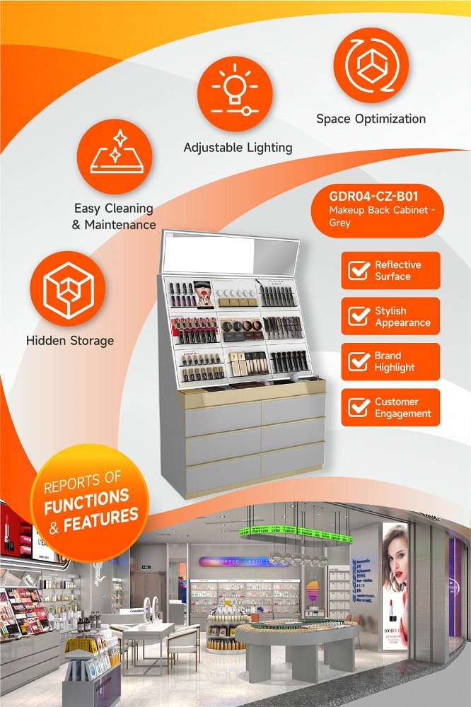 GDR04-CZ-B01 Makeup Display Rack With Reflective Surface And Luxury Branding Integration For Airport Duty-Free Zones