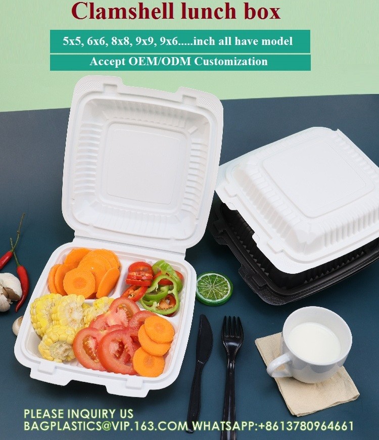 Wholesale 8 Inch Degradable Snap Button Clamshell Lunch Wrapper Bento Box Disposable Food Take Away Packaging