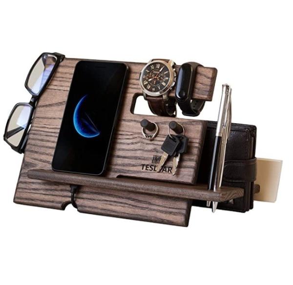 Natural Walnut Ash Wood Phone Docking Station Key Hooks Holder Wallet Stand