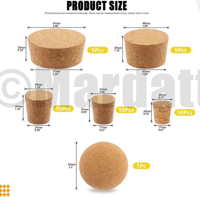 Natural Cork Soft Wine Bottle Wooden Conical Combo Set for Wine Beer Glass Bottle 6 Sizes Custom Order