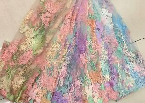 China 3D Beaded Lace Fabric , Scalloped Multi Color Floral Embroidered Fabric For Skirt wholesale