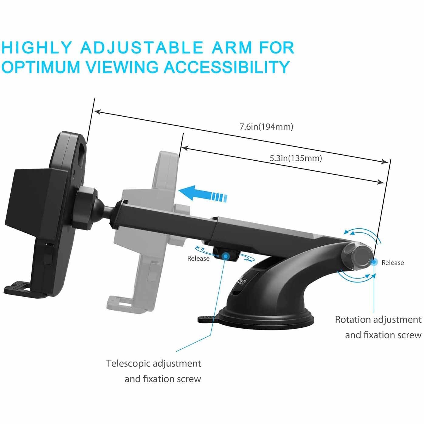 One Button Release Car Dashboard Phone Mount 7.6in Telescopic Arm