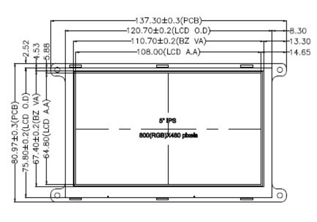 SPI Serial Interface 5 Inch TFT LCD Display 800x480 Dots IPS Automotive Grade