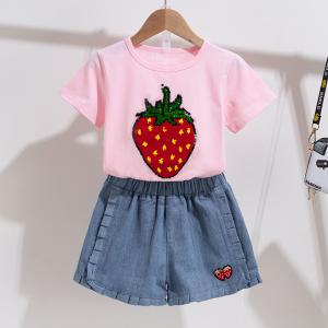China White And Pink Strawberry Cotton Little Girls Clothes Girls Outfit Sets wholesale