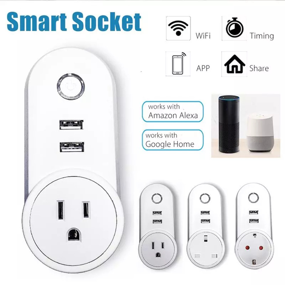 Smart WiFi Power Plug Outlet Socket with 2PCS USB Port App Control Timer Function Compatible with Amazon Alexa Google