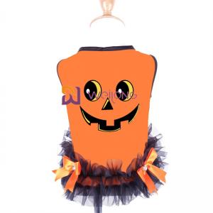 China Satin Ribbon Bow Halloween Pet Dress Round Neck Design Pumpkin Dog Dress wholesale