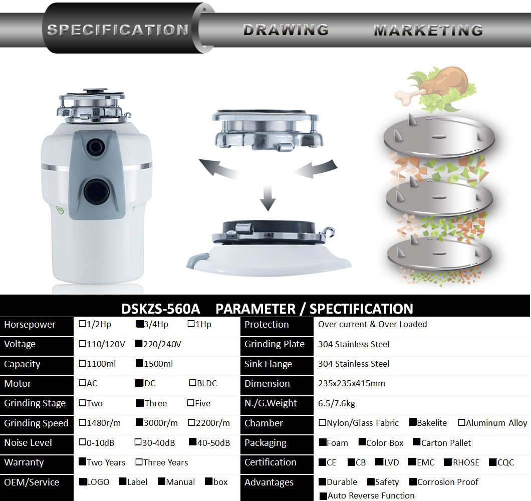 DSKZS New Kitchen Food Garbage Processor Disposal Crusher DC motor white color