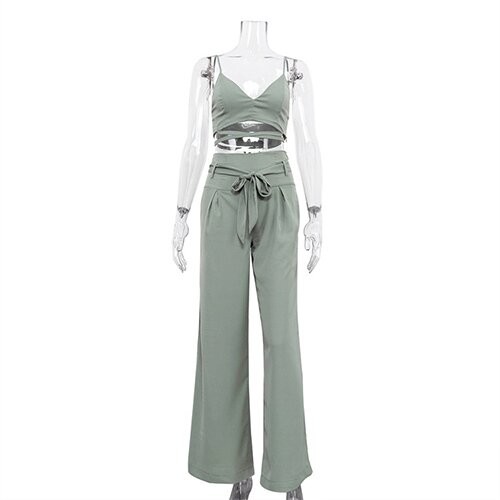 OEM maufactory Summer Women'S Exposed Umbilical Camsy Tops High Waist Wide Leg Pants