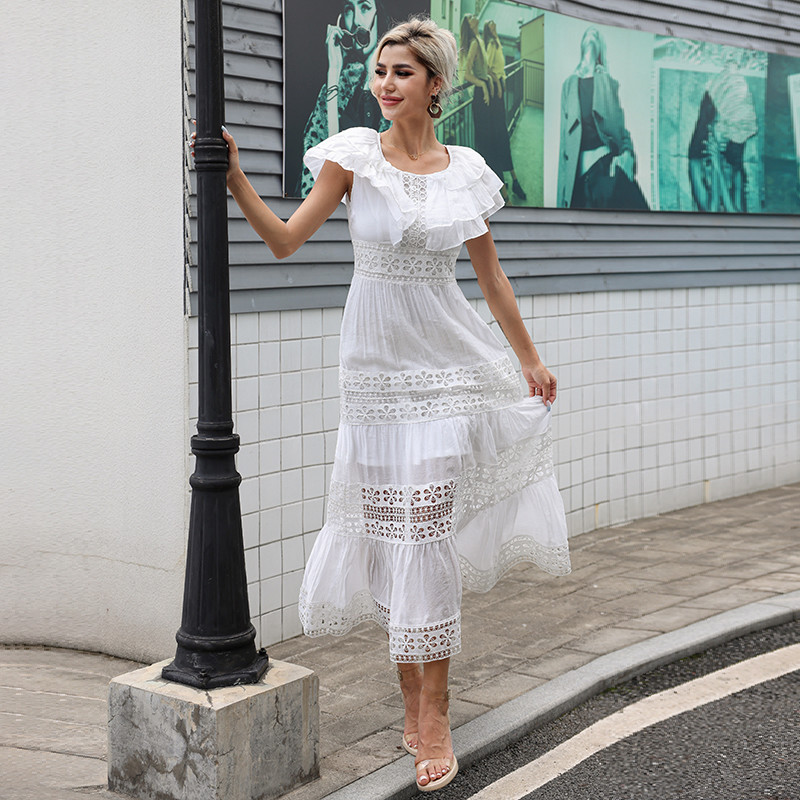 High Neck Ladies Lace Dresses Balloon Long Sleeve Lace Up Dress With Elastic Cuffs