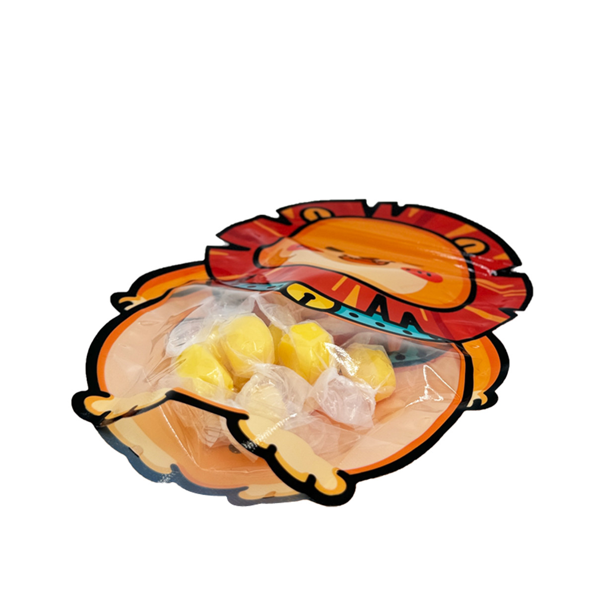 Custom Cute Lion Shape Die Cutting Stand Up Plastic Zipper Pouch with Clear Window for Kids Snack, Food, Candy Packaging