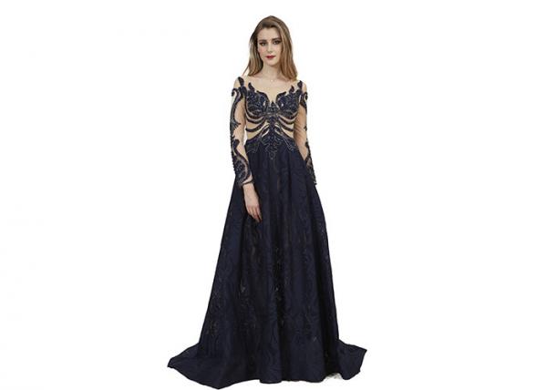 Quality Dark Blue Color Long Sleeve Beading Arabic Evening Dresses Eco Friendly for sale