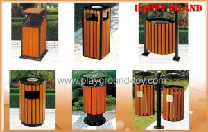 China Steel Or Solid Outdoor Trash Cans Wood Dustbins For Park With Ashtray on sale