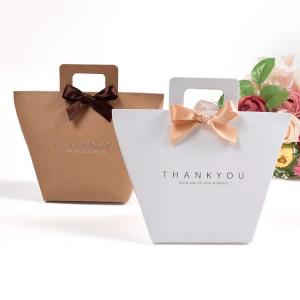 China Custom Logo White Kraft Present Paper Bags 9.5*9*12cm French Gift Bag With Ribbon wholesale
