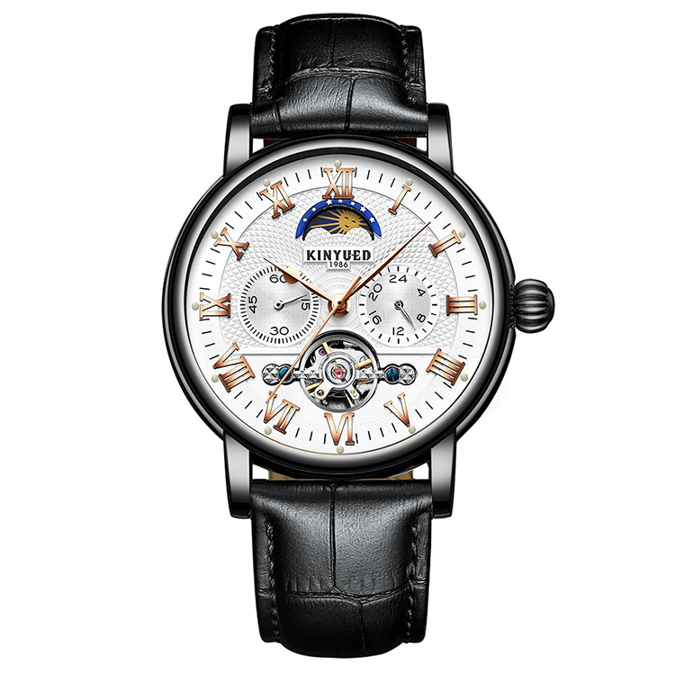 Tourbillon Automatic Movement With Moon Phase Mechanical Watch Fashion Leather Mechanical Mens Watch