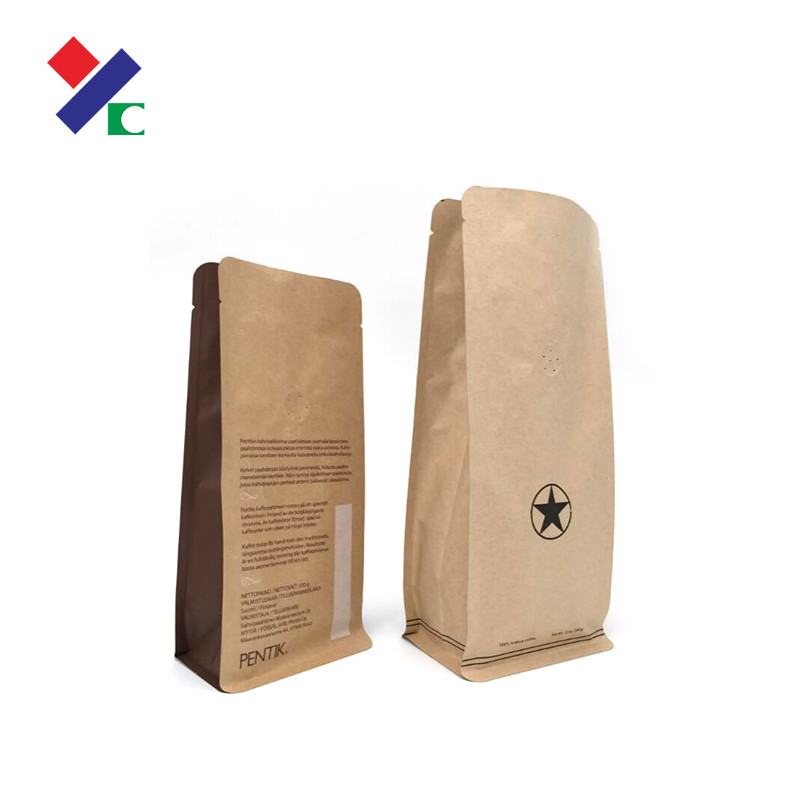 Printed Flat Bottom Kraft Paper Bag 340g Half Gusset Zipper Valve For Coffee Bean