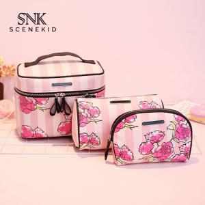 China Beauty Make Up Flower Printing PU Leather Cosmetic Bag Set wholesale
