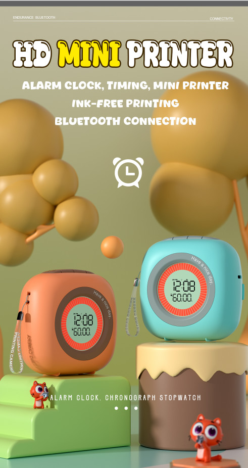 Bluetooth 5.1 Wireless Bluetooth Color Small Sticker Printer With Alarm Clock