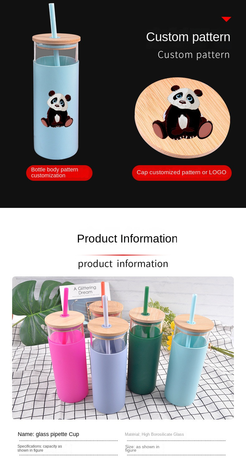 Spill Proof 500ml Colorful Outdoor Travel Glass Water Bottle With Straw Bamboo Lid Water Bottle Lightweight For Home OfficeCustomized Acceptable