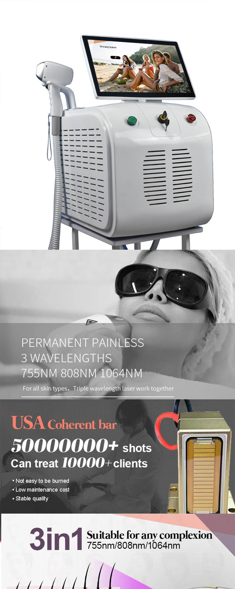 E - Light Triple Wavelength Diode Laser Hair Removal 4 In 1 Ipl Opt Diode Rf Nd Yag