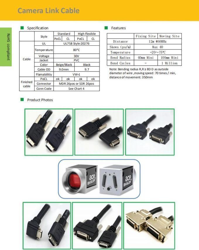 10m Right Angle SDR 26 Pin to SDR 26 Pin Camera Link Cable