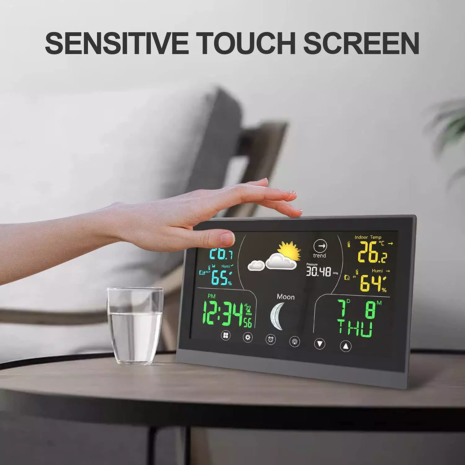 Accurate Wireless Weather Station Touch Screen Digital Forecast Clock 8 Inch Sheet Size