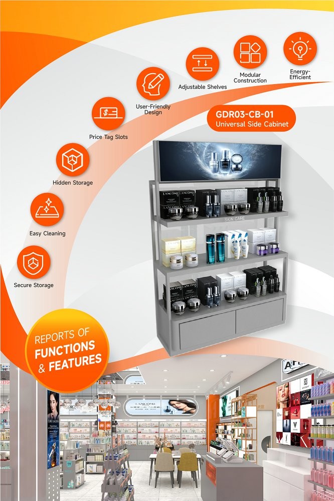 GDR03-CB-01 Universal Side Cabinet with Soft Film Light Box and Black Aluminum Price Tag Holder for Specialty Beauty Stores