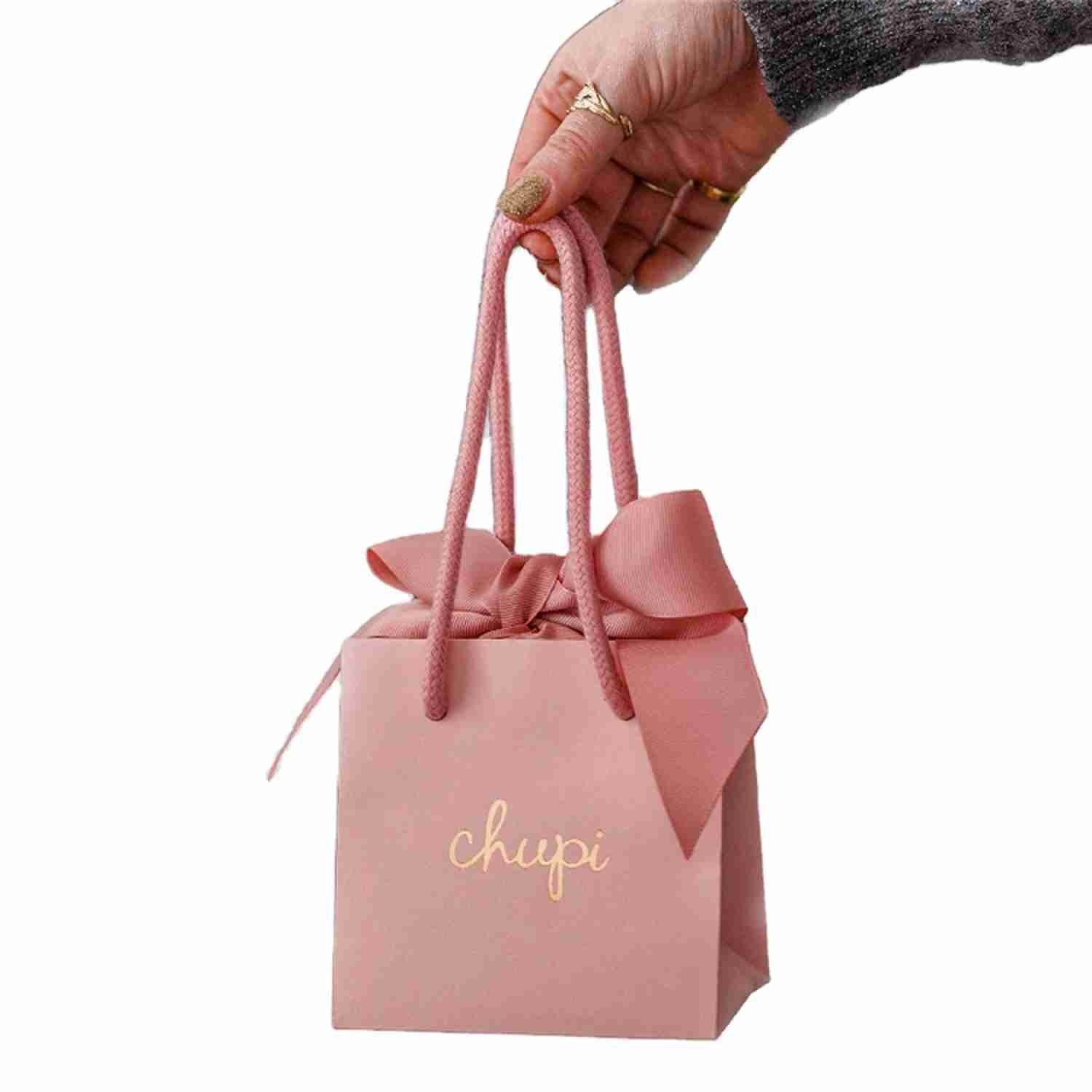 Matte Laminated Pink Shopping Printed Paper Gift Bags Custom Logo With Ribbon Handle