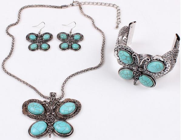 Turquoise jewelry set fashion personality three butterfly earrings necklaces