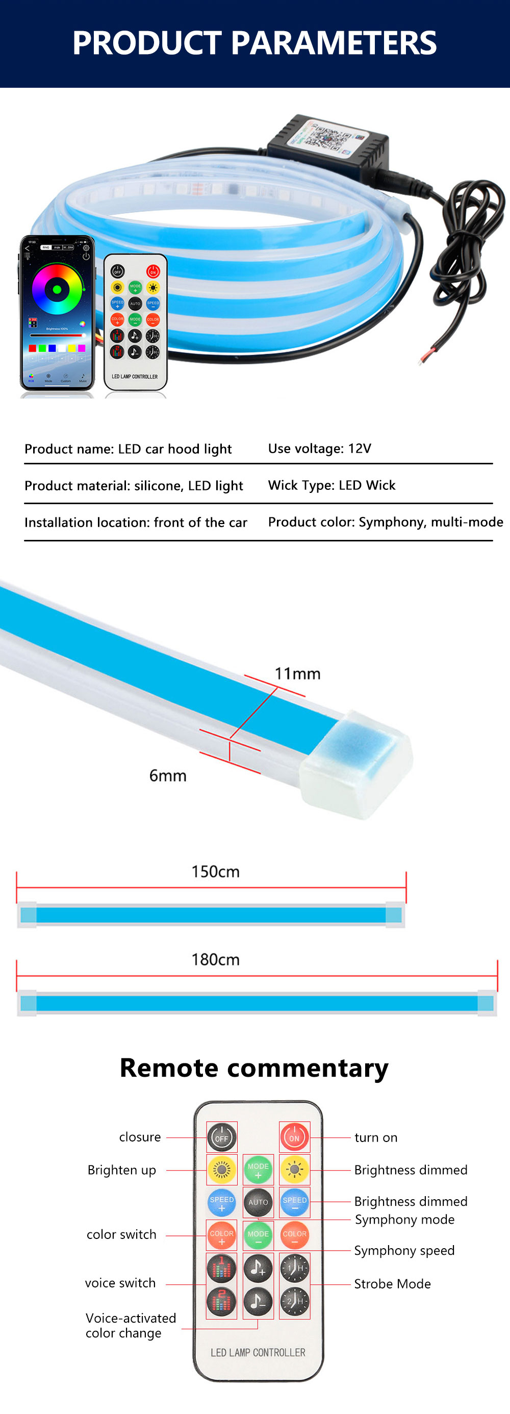 180cm Led Hood Light Strip Vehicle LED Work Lights Car Hood Led Strip