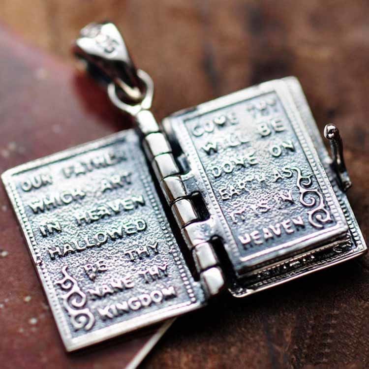 Sterling 925 Silver Holy Bible Pendant Men Women Retro Necklace (003967W)