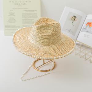 China Large Brim Pearl Trim Straw Hat Sunshade Sun Protection Holiday Hat for women wholesale