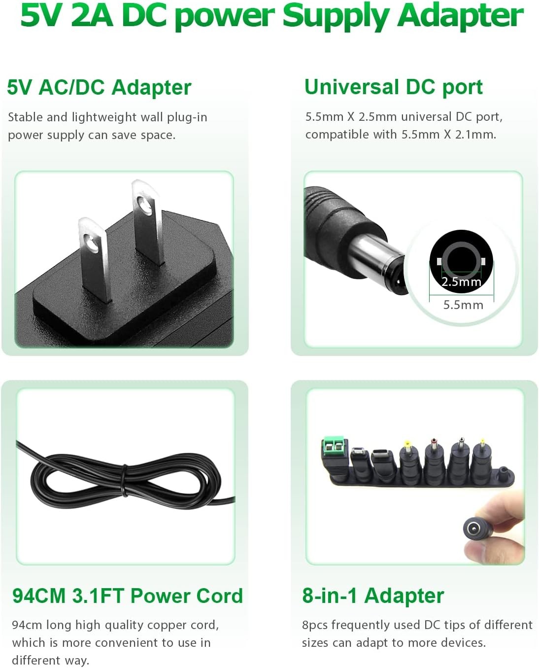 5V 2A 10W DC Power Supply Adapter AC 100V-240V To DC 5 Volt 2Amp 1A 1.5A