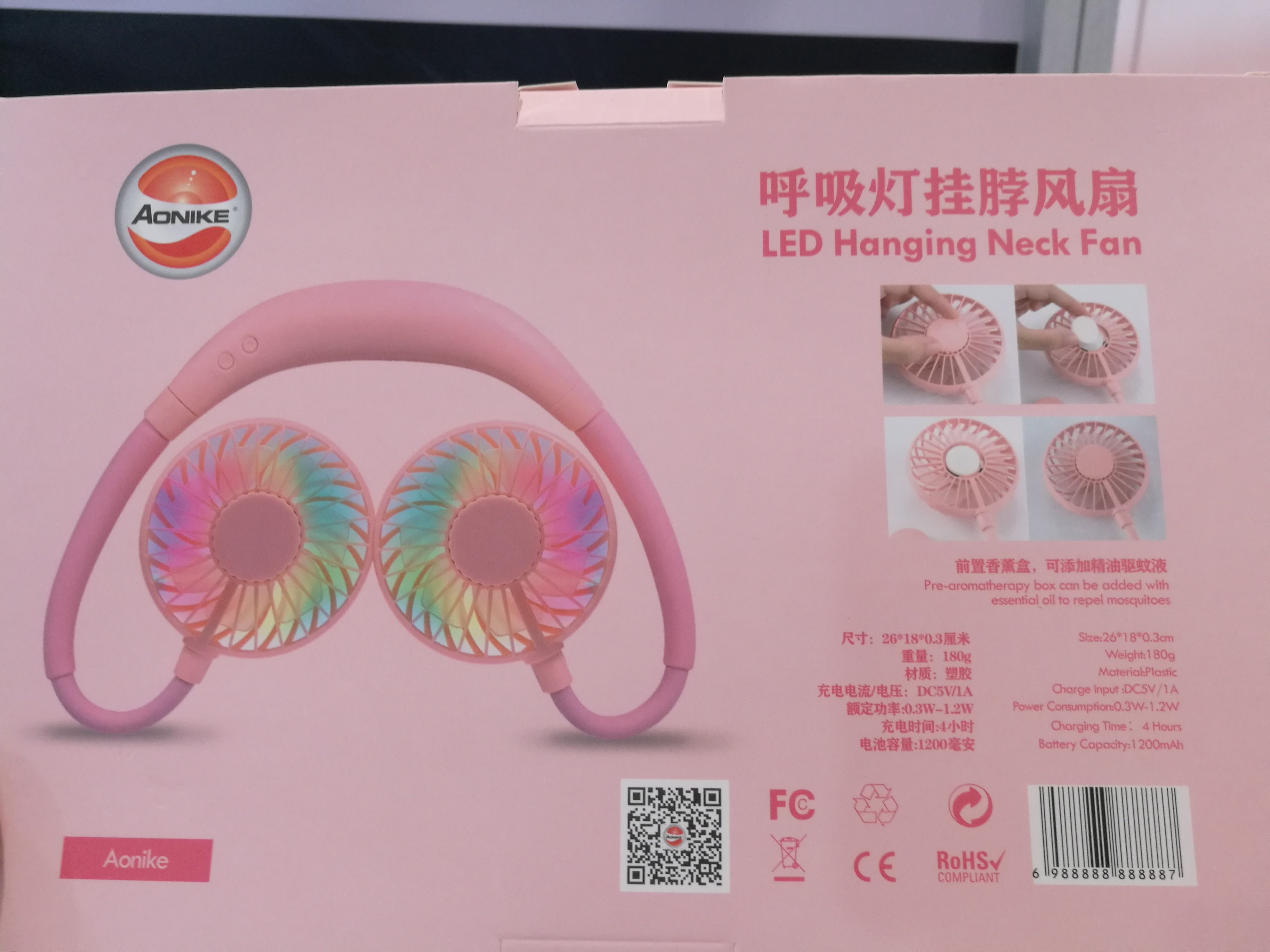 Colorful LED 1Ah 30mm Portable Hanging Neck Fan