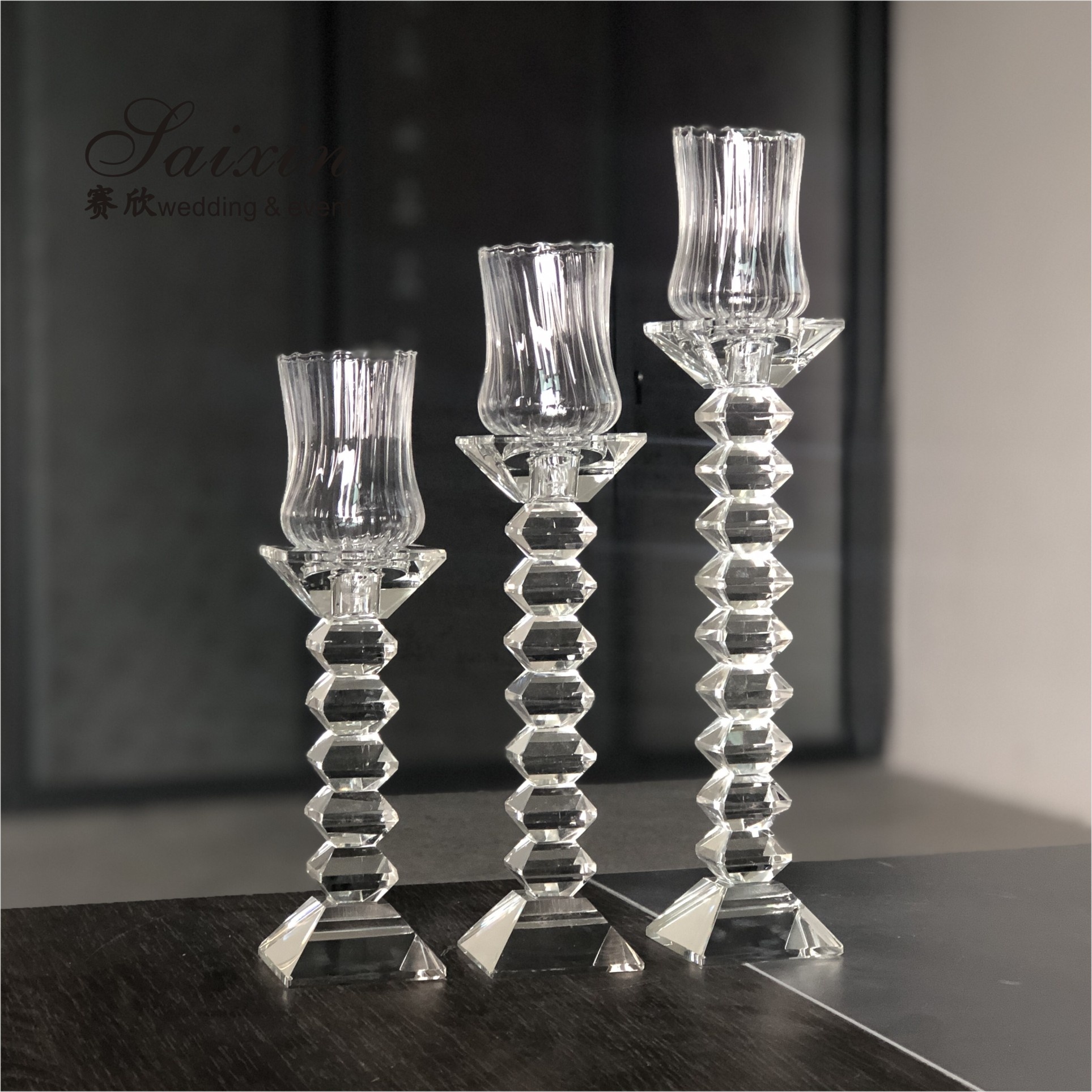 set of 3 crystal candle holder chimney