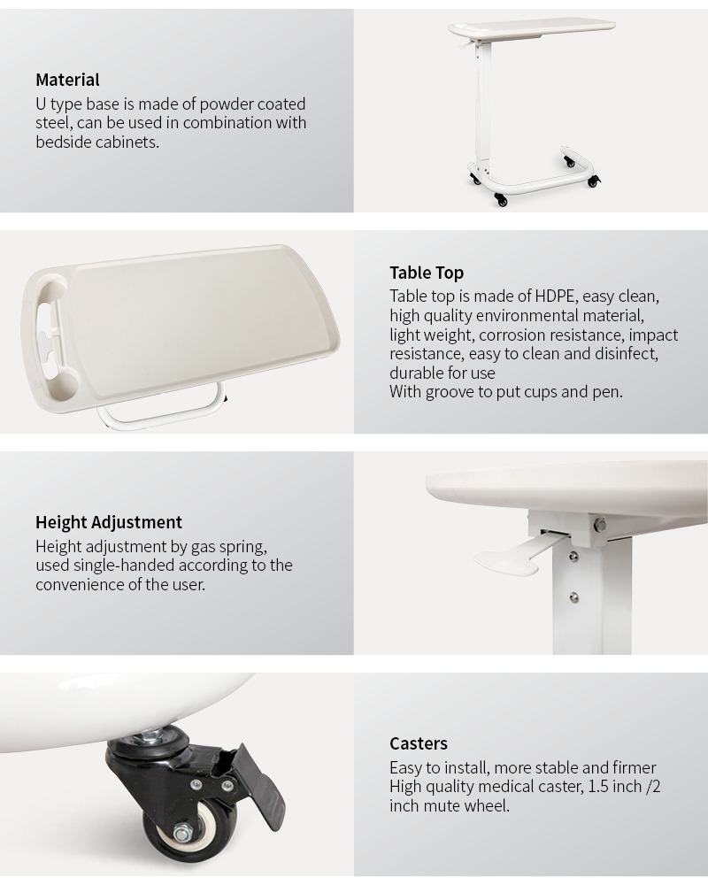 Factory Hospital Romm Furniture Movable Wooden Medical Service OverBed Table with Casters