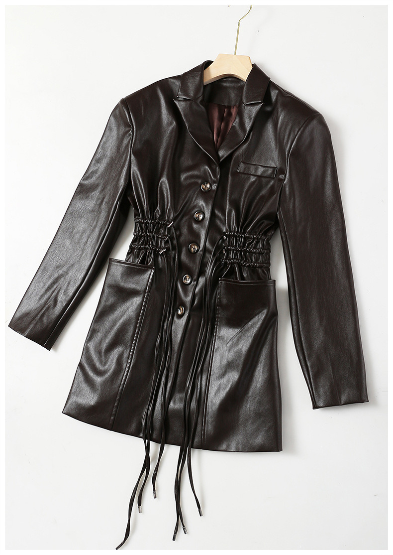 Breathable Women Fashion Drawstring Oversized Midi Winter Pockets Long Leather Jacket Coat PU Jackets