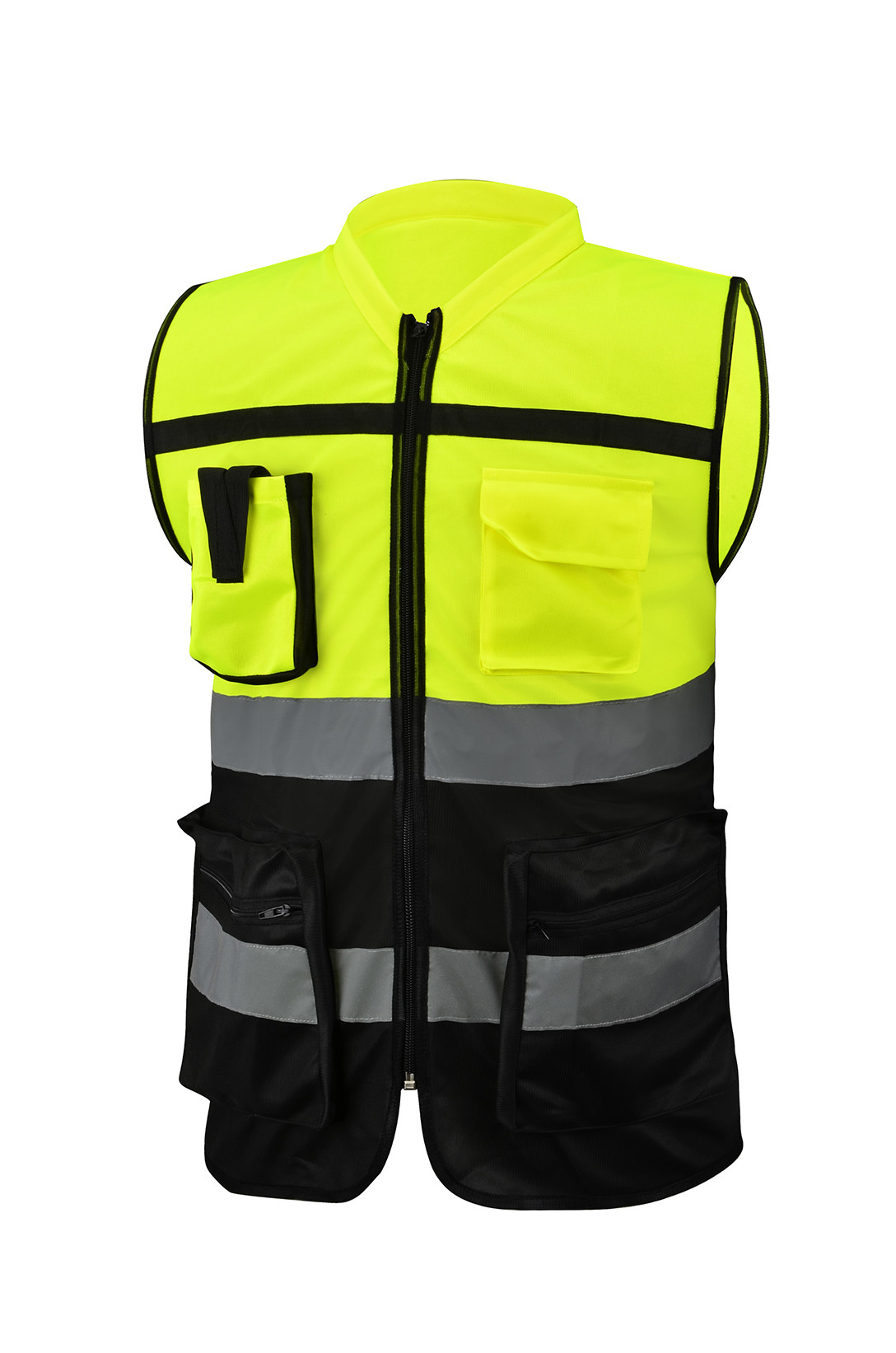 Knitting Polyester Hi Vis Vest With Pockets Reflective Safety Green Vest