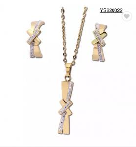 China Gold Stainless Steel Jewelry Set X Shaped Rhinestone Stud Earrings And Necklace Set wholesale