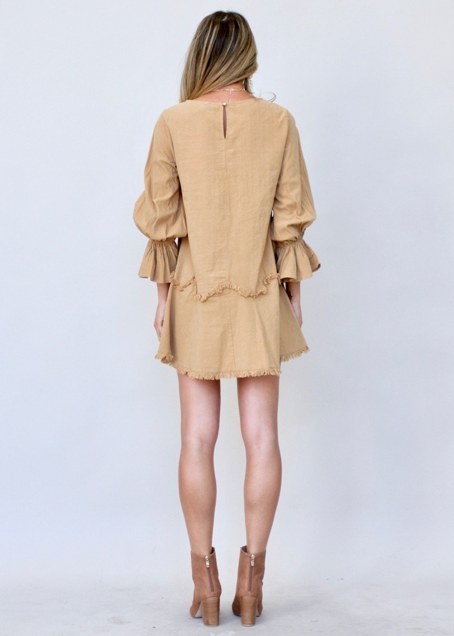 100% cotton scoop neck khaki dress with frayed detailing