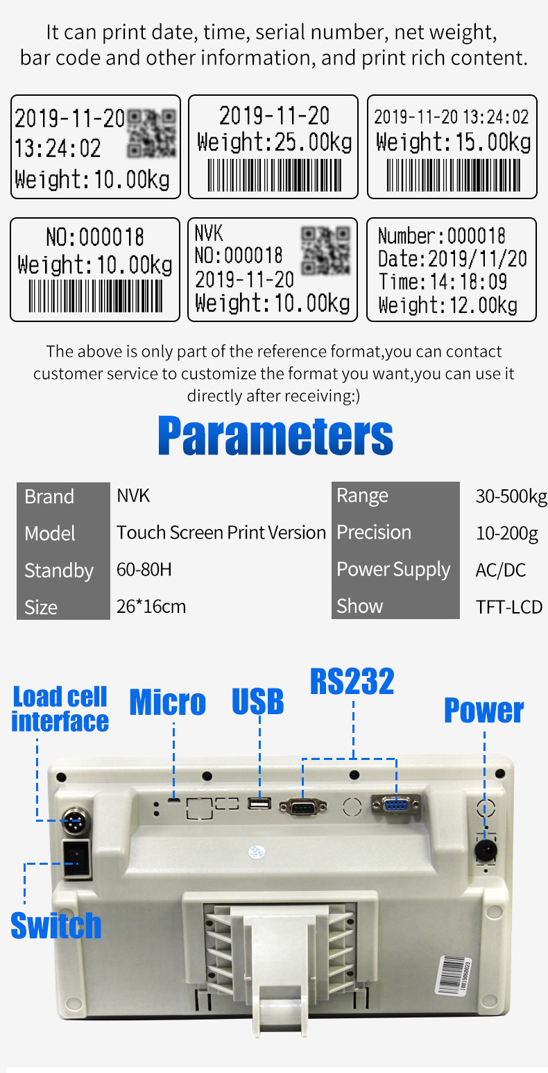 Touch Screen Display Electronic Intelligent Weighing indicator for Platform/Floor Scales without Printer